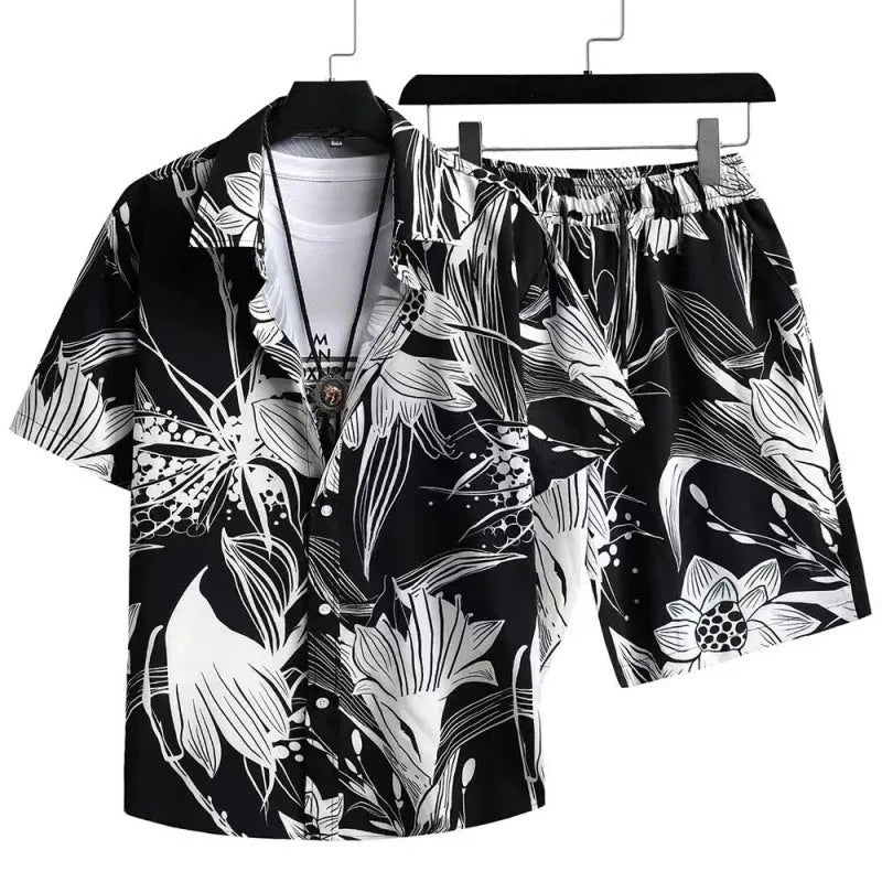 Man wearing a digitally printed short sleeve shirt and matching shorts from a casual cardigan suit set.