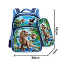 Children's blue cartoon backpack with school books showing internal zipper pocket organisation