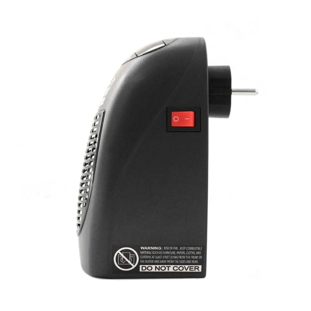 Black mini electric heater with digital display and a rotating three-prong plug on a white background.