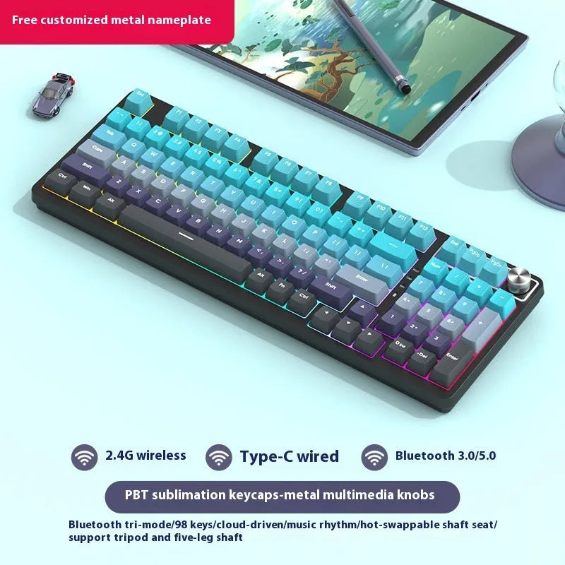 98 key wireless Bluetooth mechanical keyboard kit with metal knob on desk