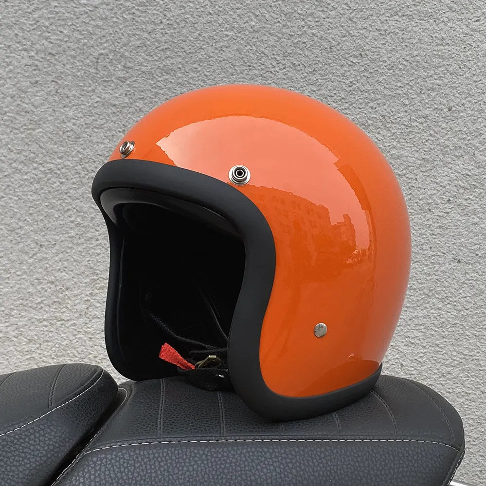 Retro style half motorcycle helmet in glass fibre construction for electric bike commuting