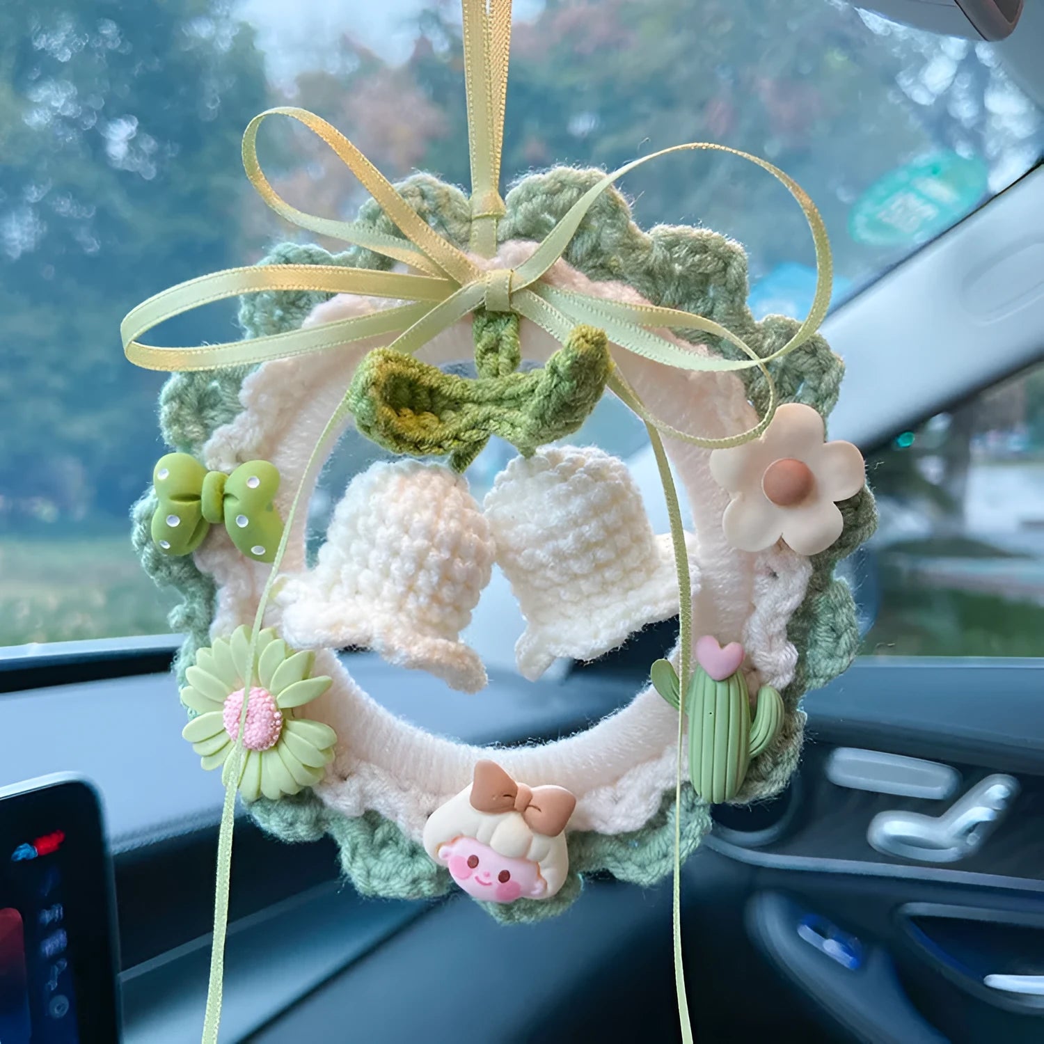 Woven wool bell orchid car pendant hanger with floral design in multiple colour options