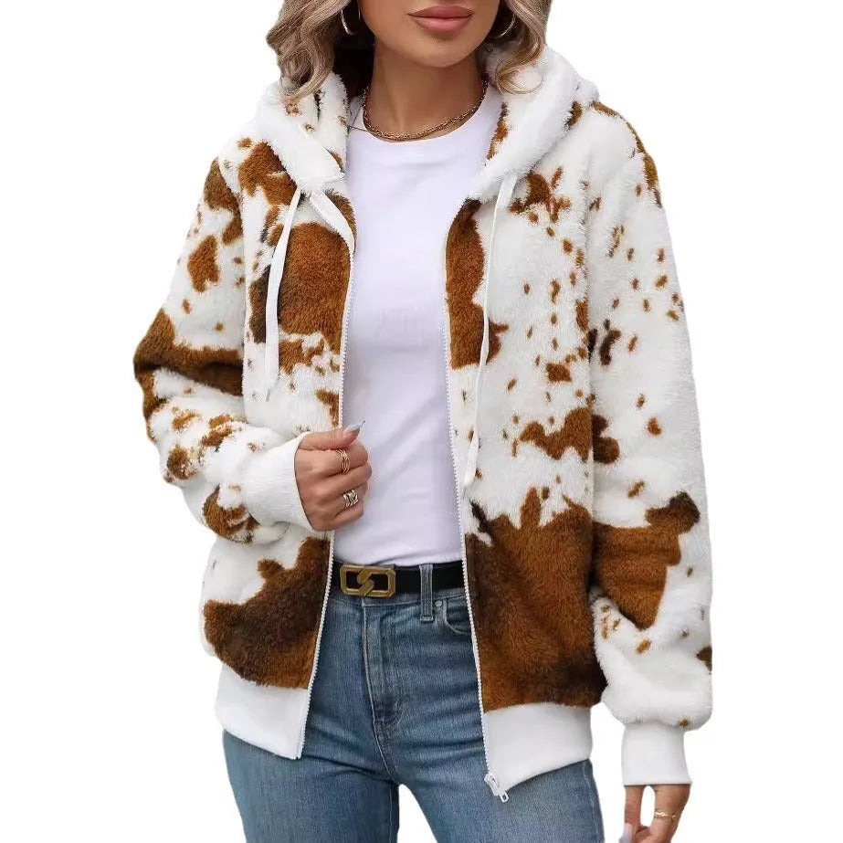 Yellow brown cow print hooded cardigan jacket with full front zipper.