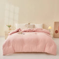 Soybean fibre quilt with pure cotton cover in white, grey, or pink jade, shown in various sizes on a bed.