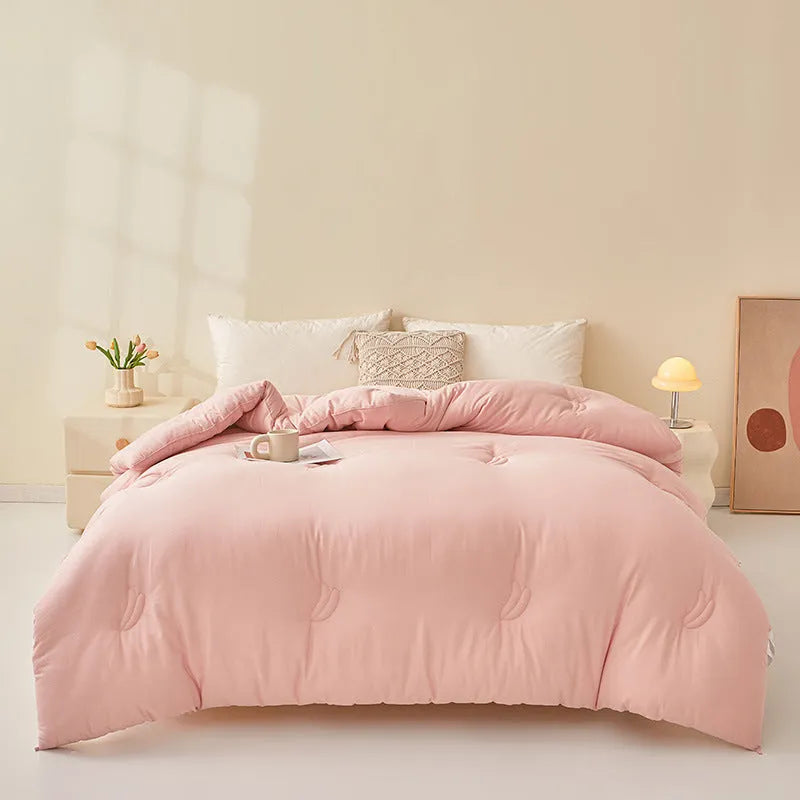 Soybean fibre quilt with pure cotton cover in white, grey, or pink jade, shown in various sizes on a bed.
