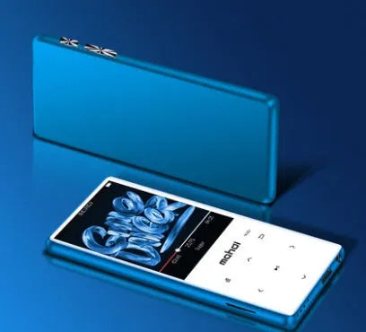 Portable music player with 2.4-inch touch screen showing music interface in black, blue, red or silver