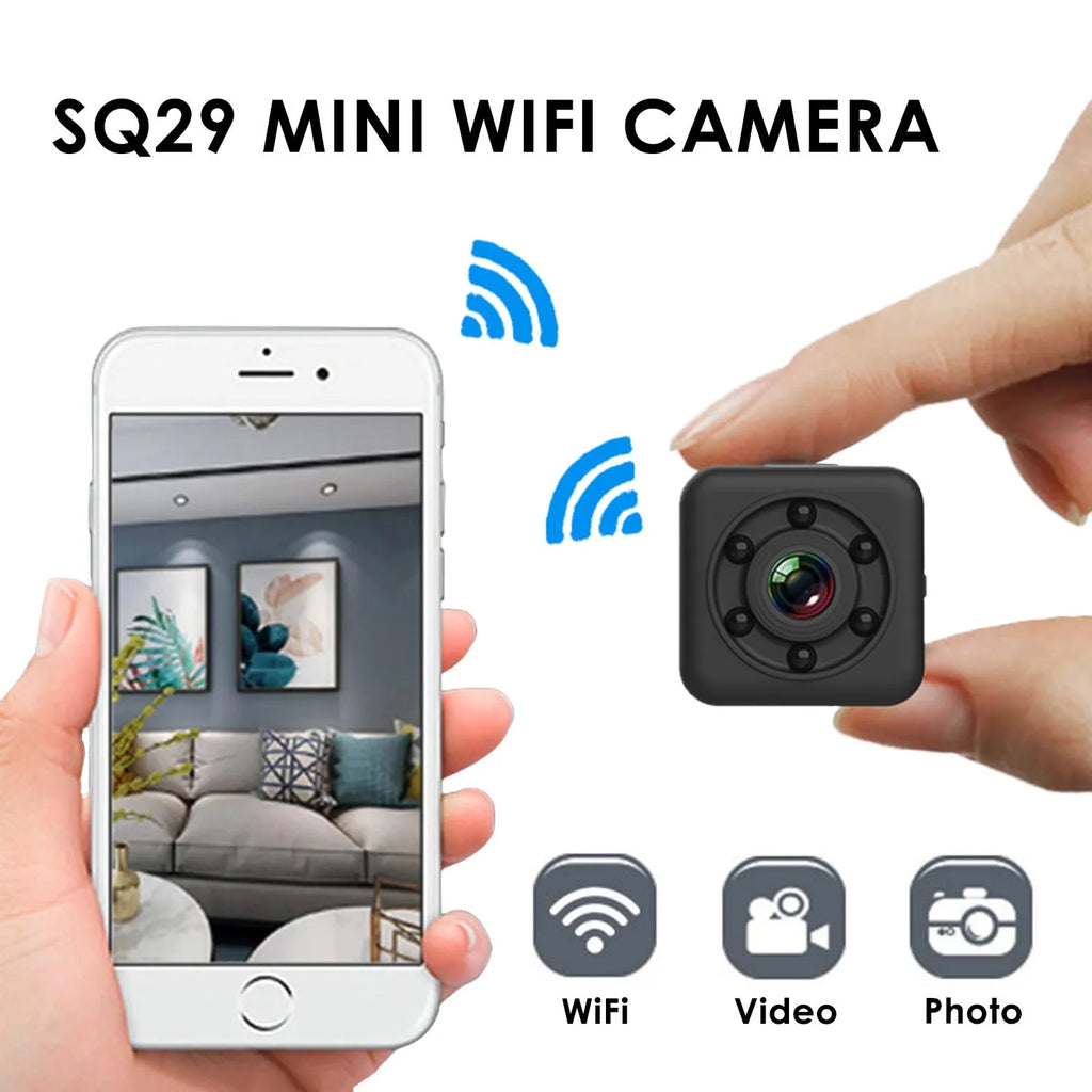 SQ29 black waterproof sports camera with MicroUSB port and TF card slot for action recording.
