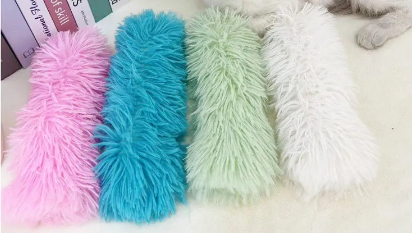Cat plush toy pillow in blue green pink or white colours measuring 27cm by 10cm