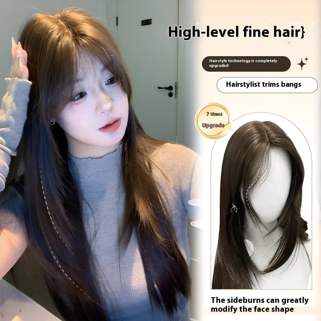 Layered long straight cold brown synthetic full-head wig with lace-style hair net