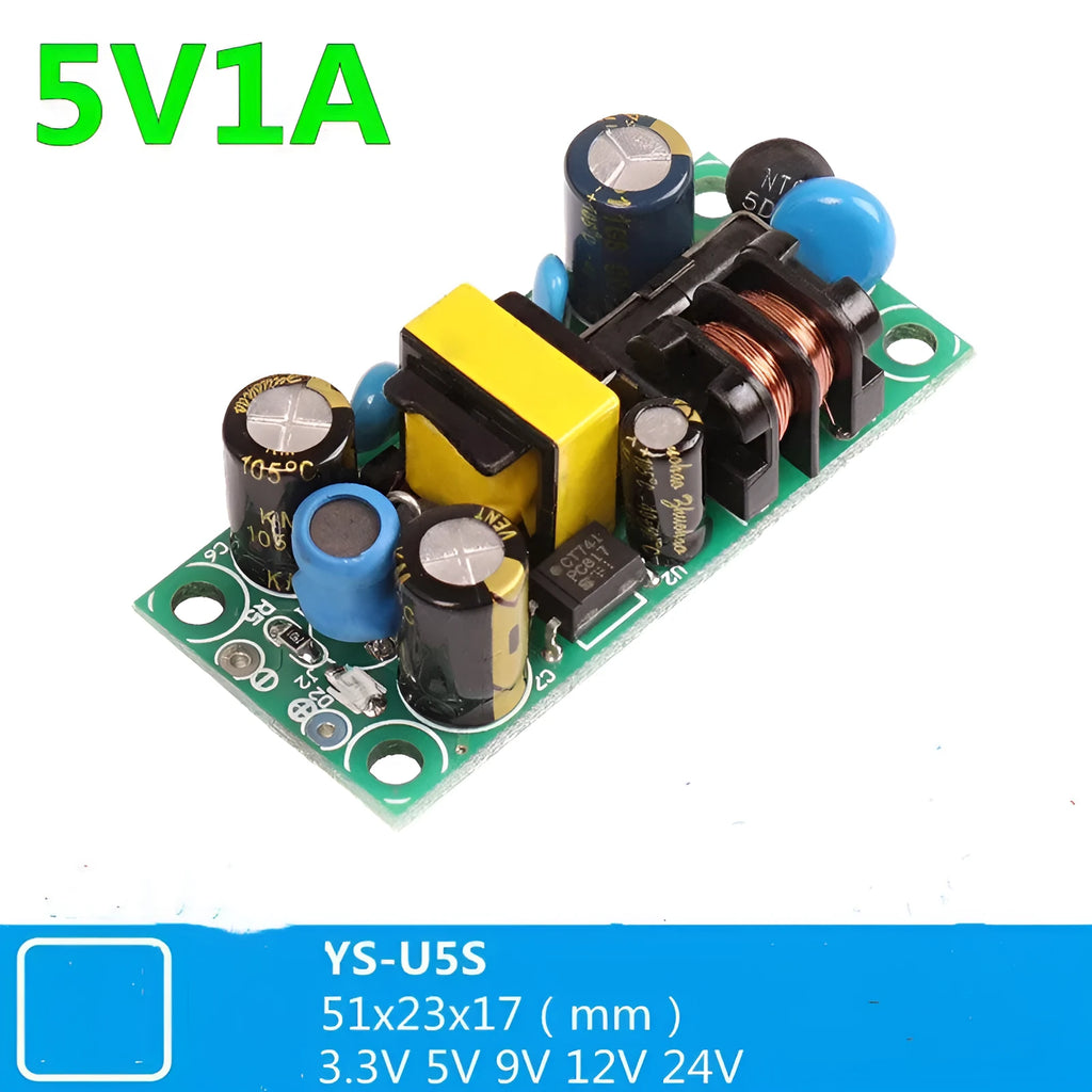 YS-U5S metal-cased switching power supply module with terminal connectors for AC input and DC output.