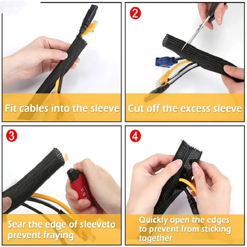 Opening self-winding black polyester mesh sleeve for automotive wire protection with VW-1 fire rating