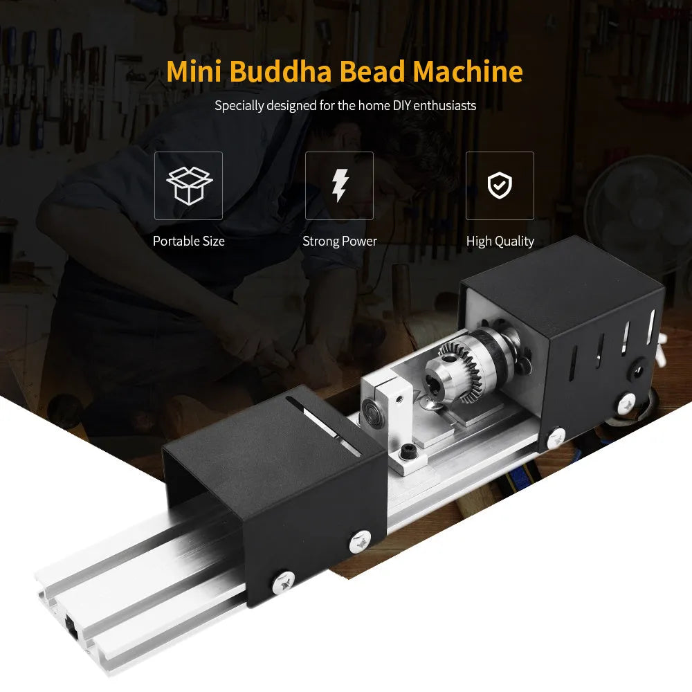 Silver metal mini manual woodworking lathe on a benchtop with carving tools