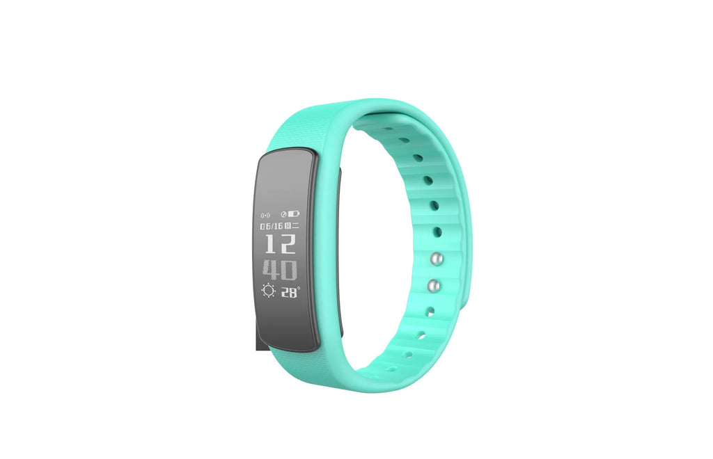 I6 smart sports bracelet in black with a 0.96-inch screen on a wrist.