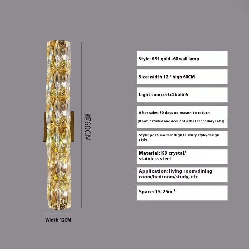 Crystal shade wall lamp with stainless steel body in chrome or gold finish, shown in multiple sizes.