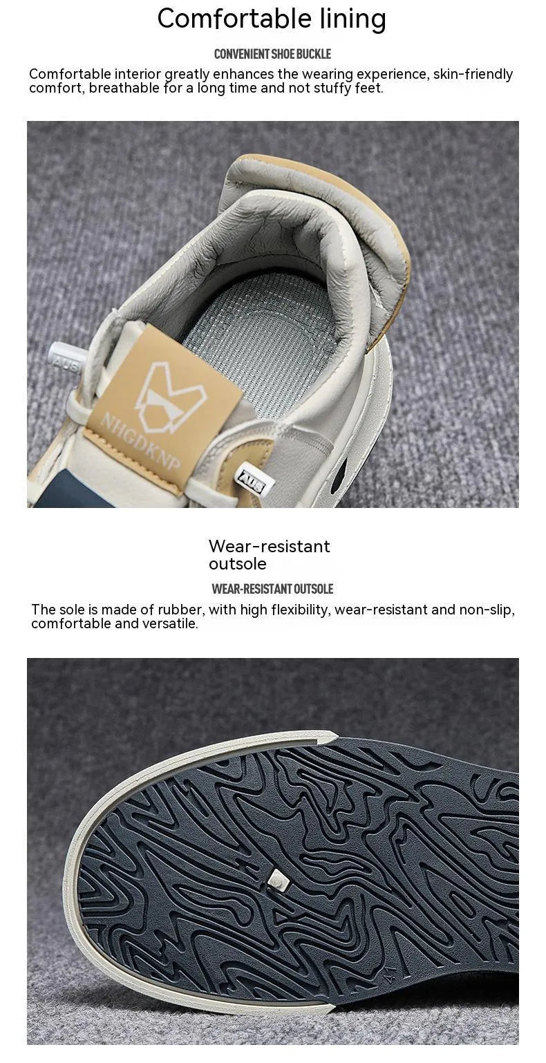 Men's beige casual low-top sneakers with elastic band and leather stitch detail on microfiber upper.