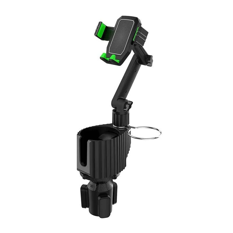 Green car drink rack holder with adjustable arms for cups, kettles and mobile phones