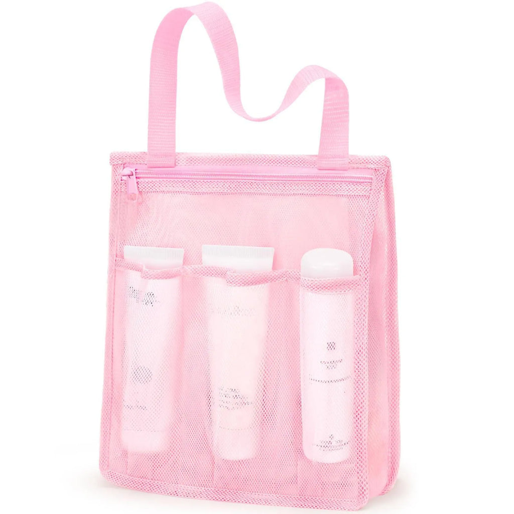 Large black and pink polyester swimming gym bags with mesh pockets and dry wet separation compartments.