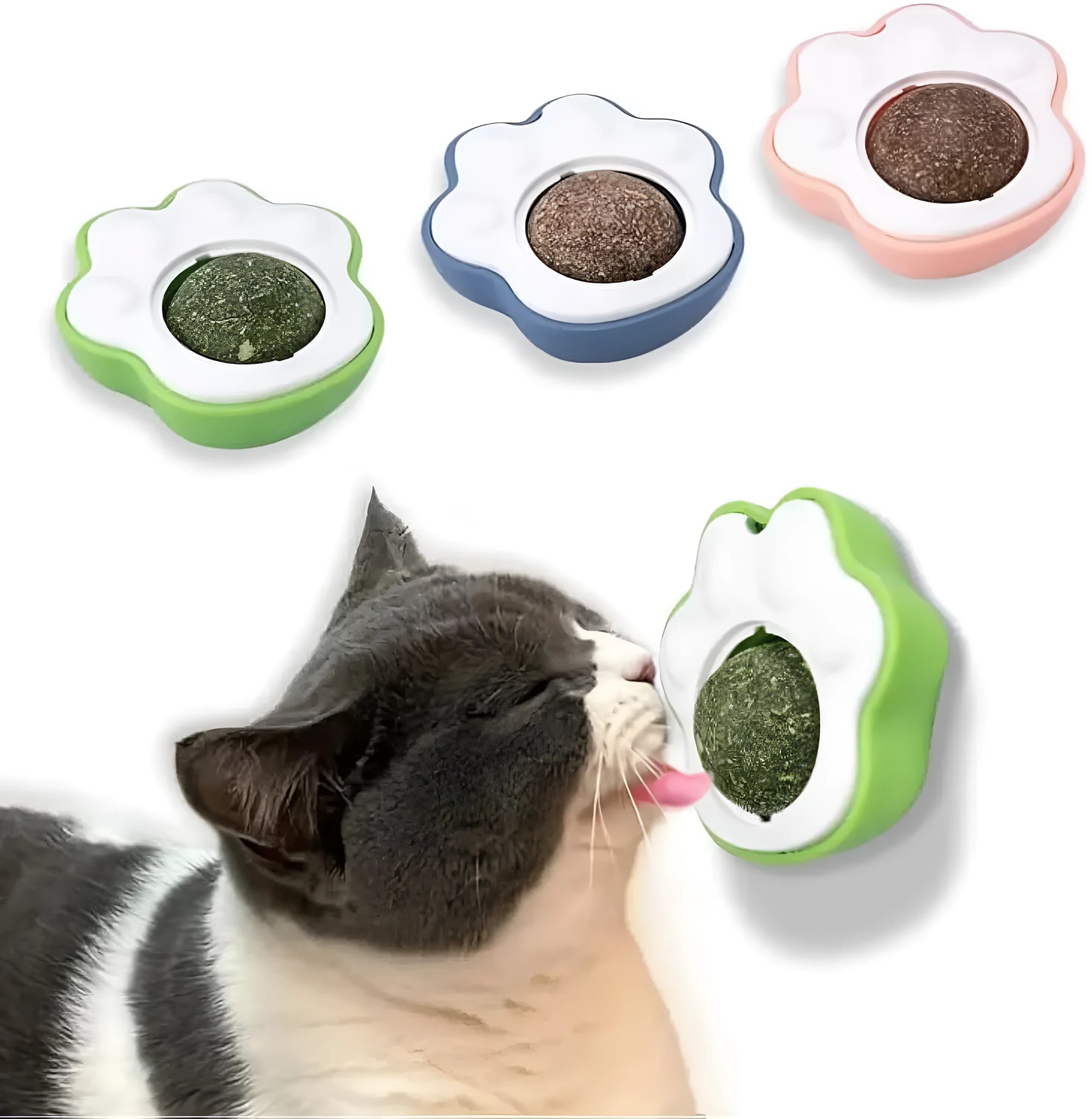 Catnip dental chew balls with edible vine components in blue, green and pink colours