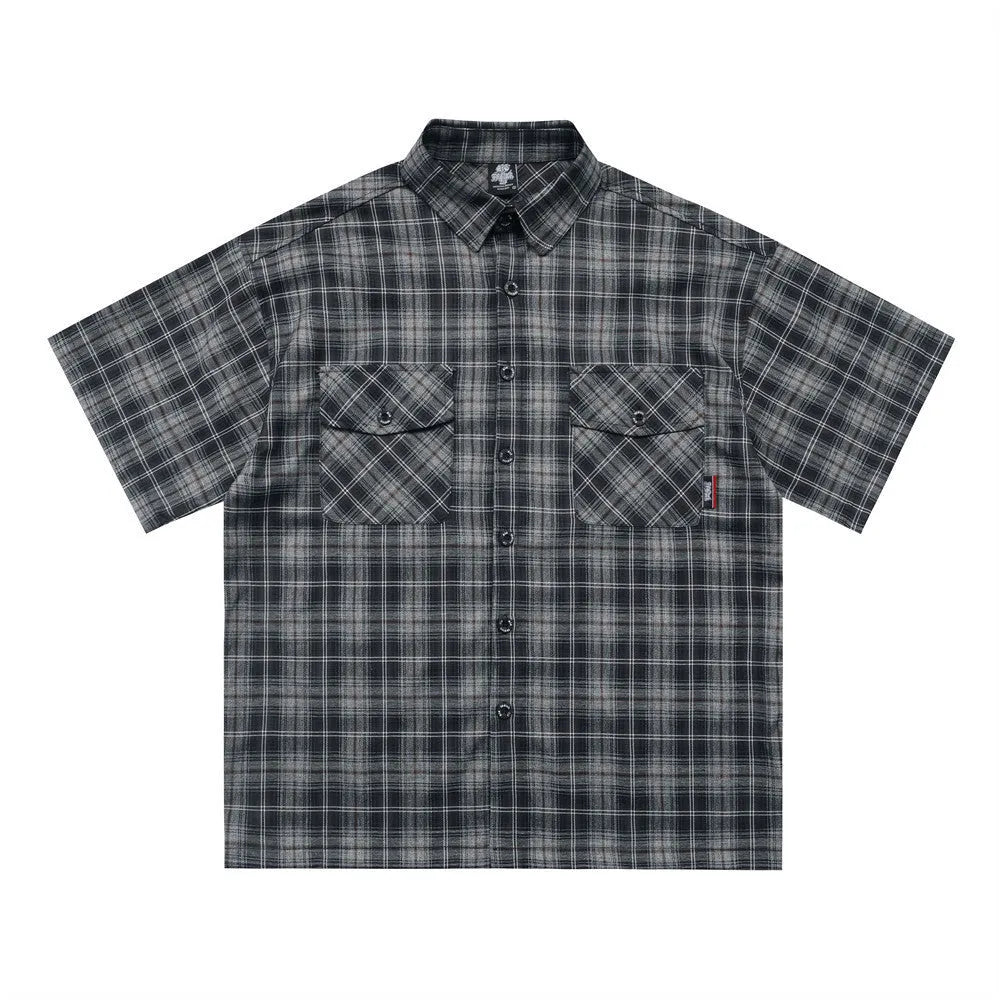 Men's black and brown plaid shirt with embroidered letter detail and lapel collar