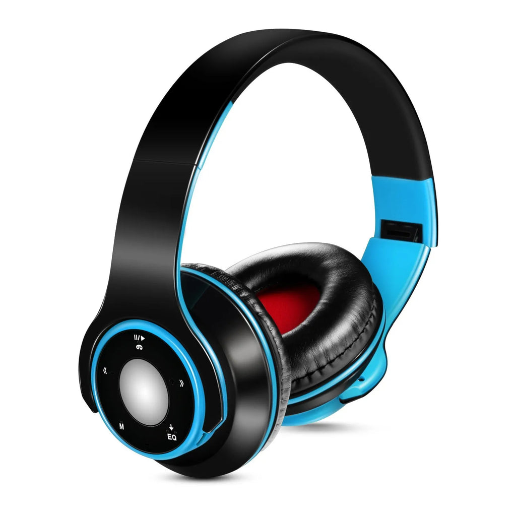 Foldable wireless Bluetooth headset in blue, red, or rose red with adjustable hinges.