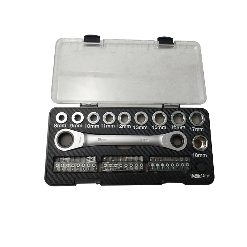 Ratchet wrench and socket screwdriver set with two-way mechanism and multiple attachments