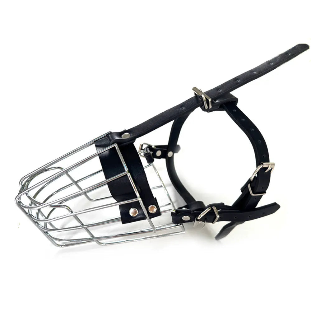 Black metal dog muzzle designed for a golden retriever or German shepherd.