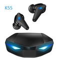 Blue Private Model K55 true wireless Bluetooth gaming earbuds with charging case.