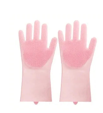 Blue silicone cleaning gloves with textured scrubbing surface on palms for washing dishes