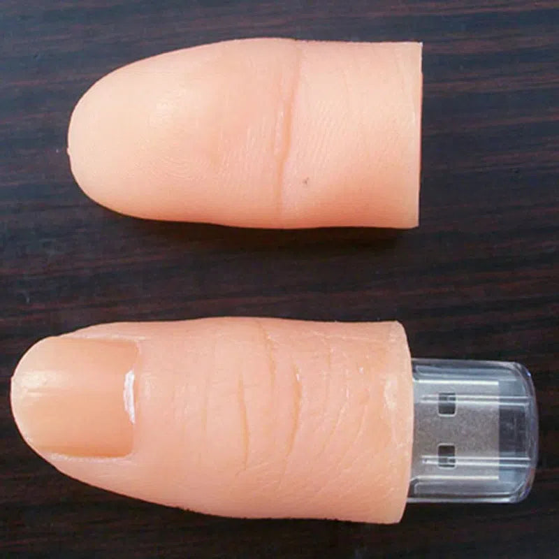 Silicone finger USB flash drive with USB 2.0 connector, available in 8GB and 64GB, shockproof and antimagnetic.