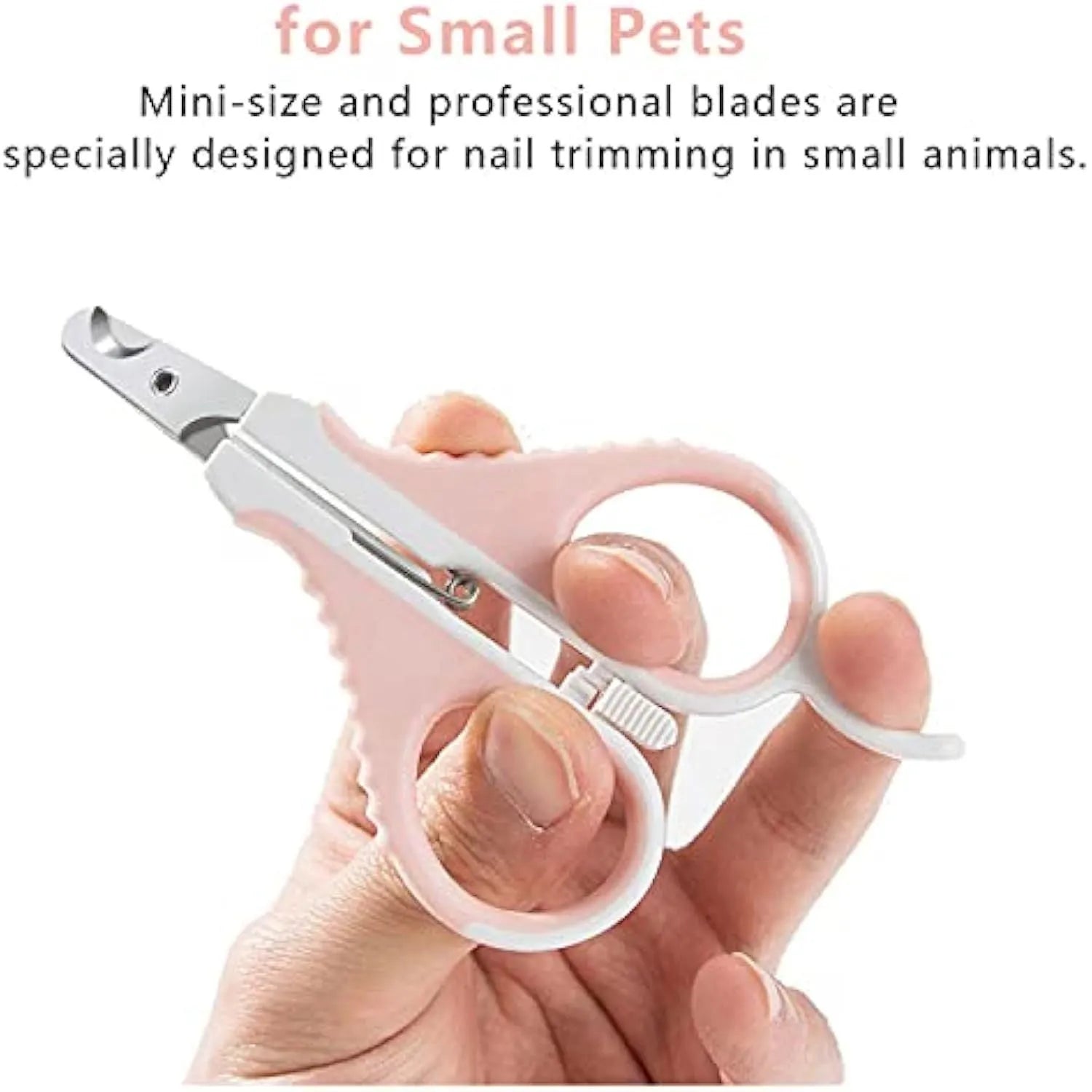 Grey and pink cat nail clippers with safety lock and angled stainless steel blade for pet grooming.