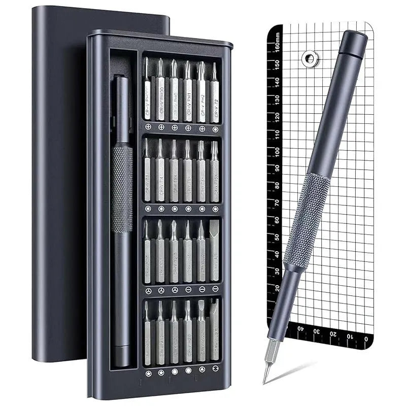 25-in-one magnetic precision screwdriver set with chrome vanadium steel shaft and black ABS handle.