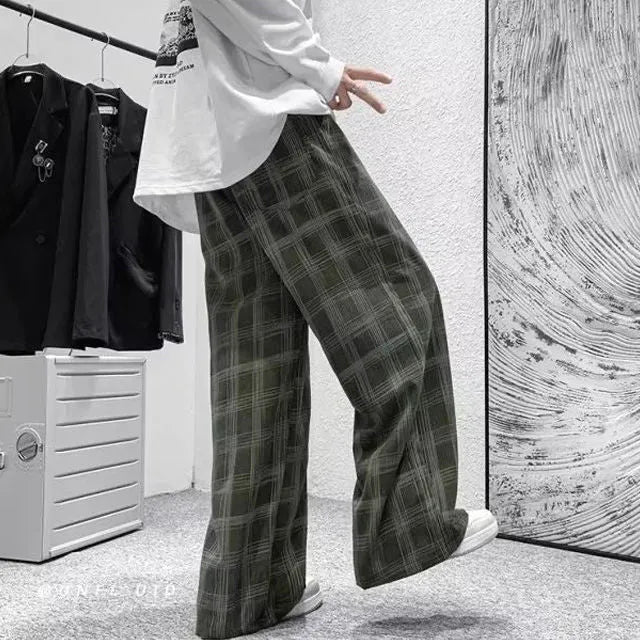 Japanese casual straight-leg trousers with tartan plaid pattern in black or green