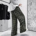 Japanese casual straight-leg trousers with tartan plaid pattern in black or green