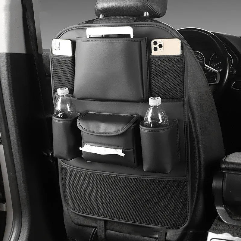 Leather car seat back storage bag in suspended design shown in available colours.