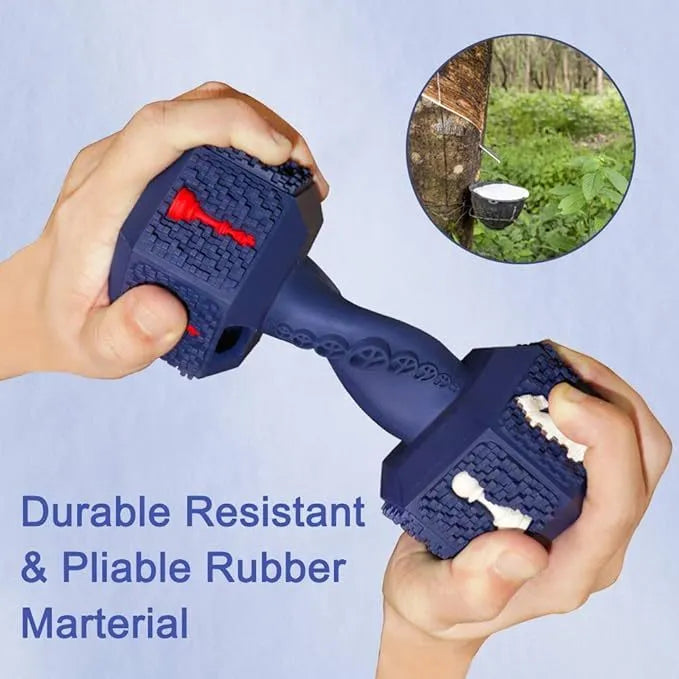 Blue hollow dumbbell-shaped dog chew toy with textured surface on a white background.