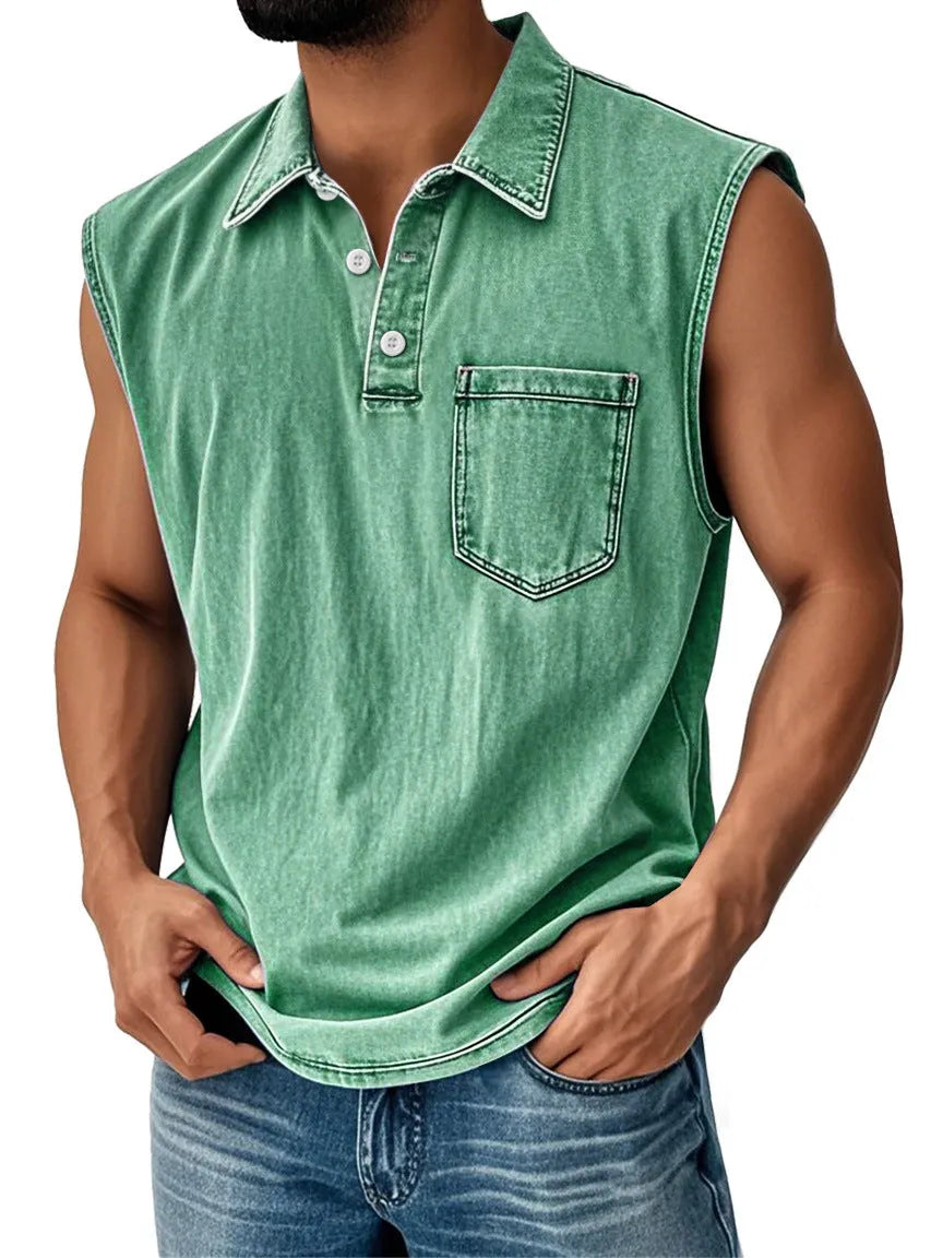 Man wearing a short sleeve polo shirt with a 3D digital print design in a loose fit.