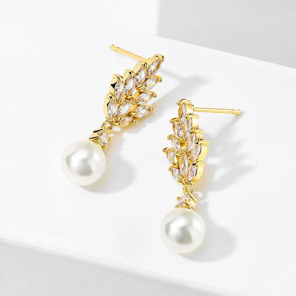 Geometric floral earrings with micro inlaid zircon detailing in gold, platinum, or rose gold plating options