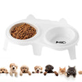 Blue ceramic cat food and water bowl set on a white elevated stand with storage hook