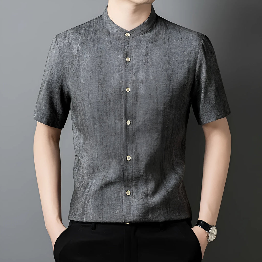 Men's solid colour linen shirt with a stand collar in a loose fit, shown in black grey.