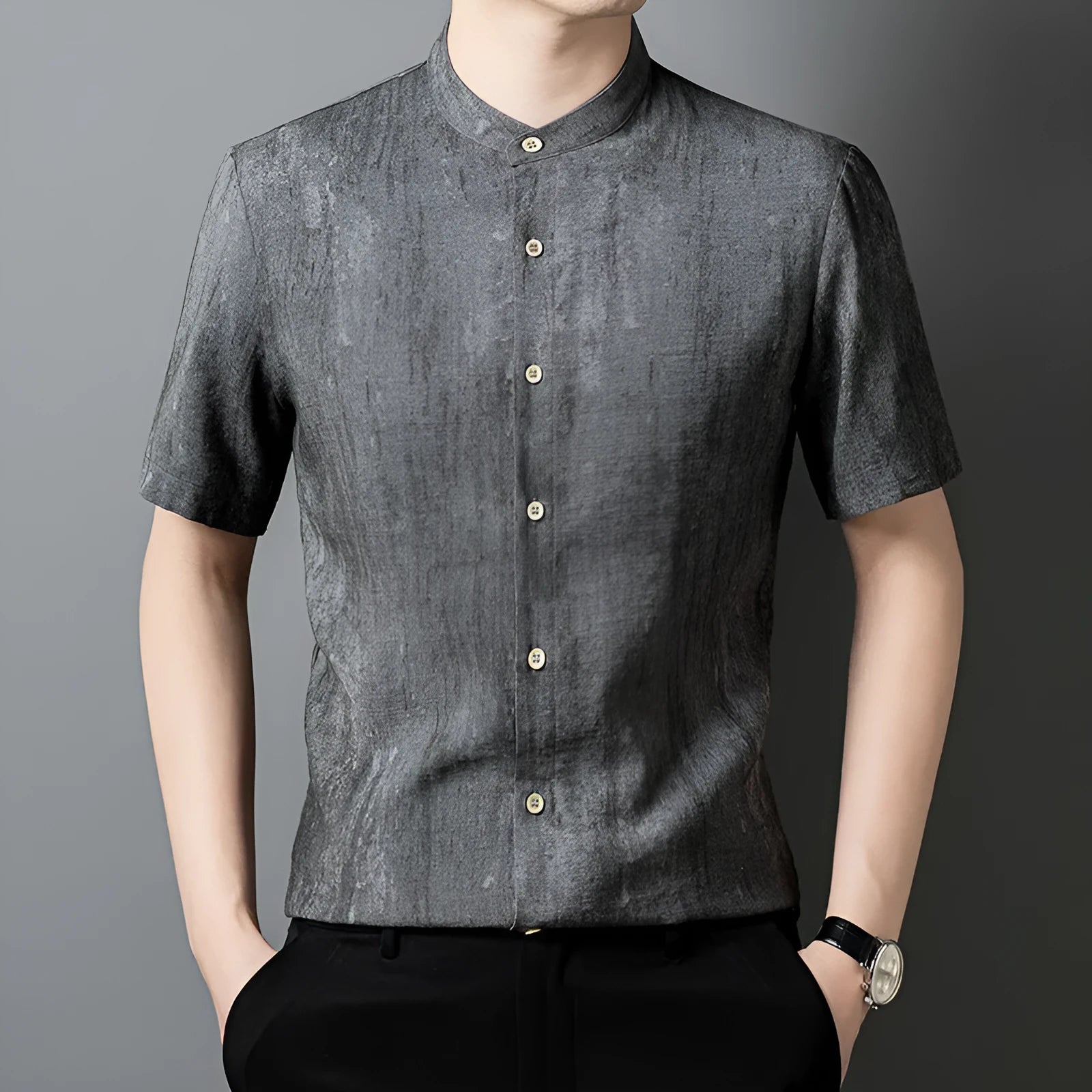 Men's solid colour linen shirt with a stand collar in a loose fit, shown in black grey.