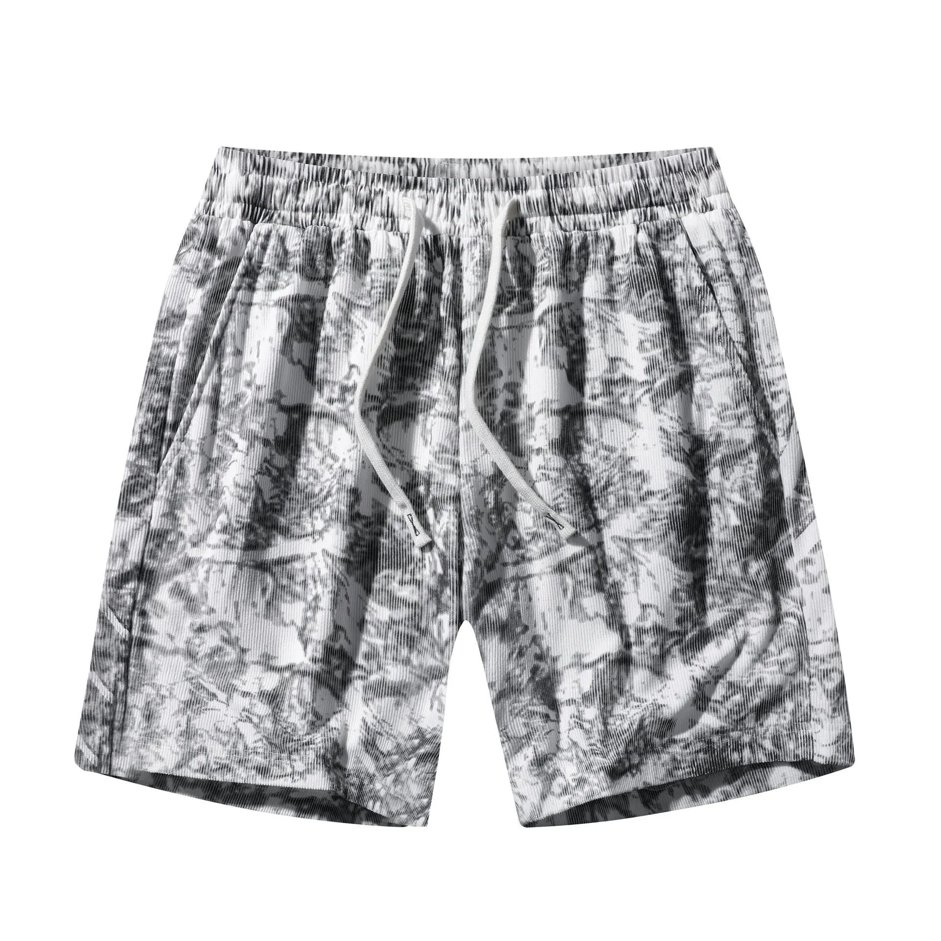 Men's corduroy camouflage athletic shorts in black colour showing high waist and straight cut design