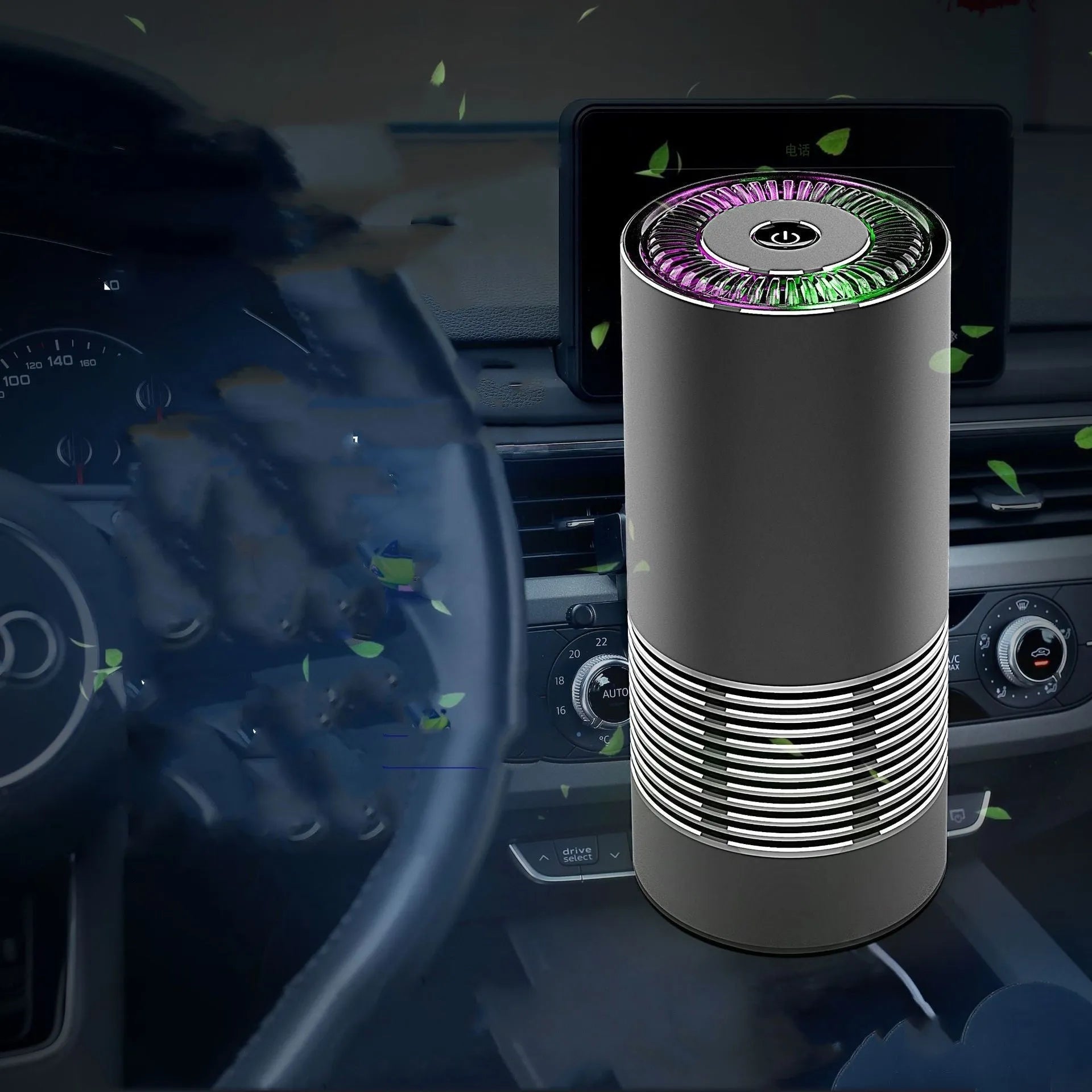 Compact metallic car air purifier on a dashboard with Black, Silver, and Grey colour options.