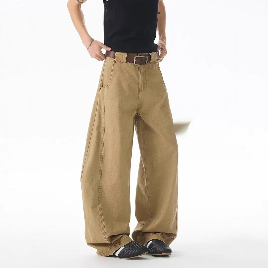 Brown men's casual jeans with straight leg cut and loose Korean style fit