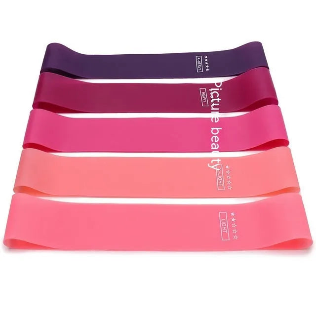 Set of five colour-coded yoga resistance straps with force marks and five plain TPE straps.