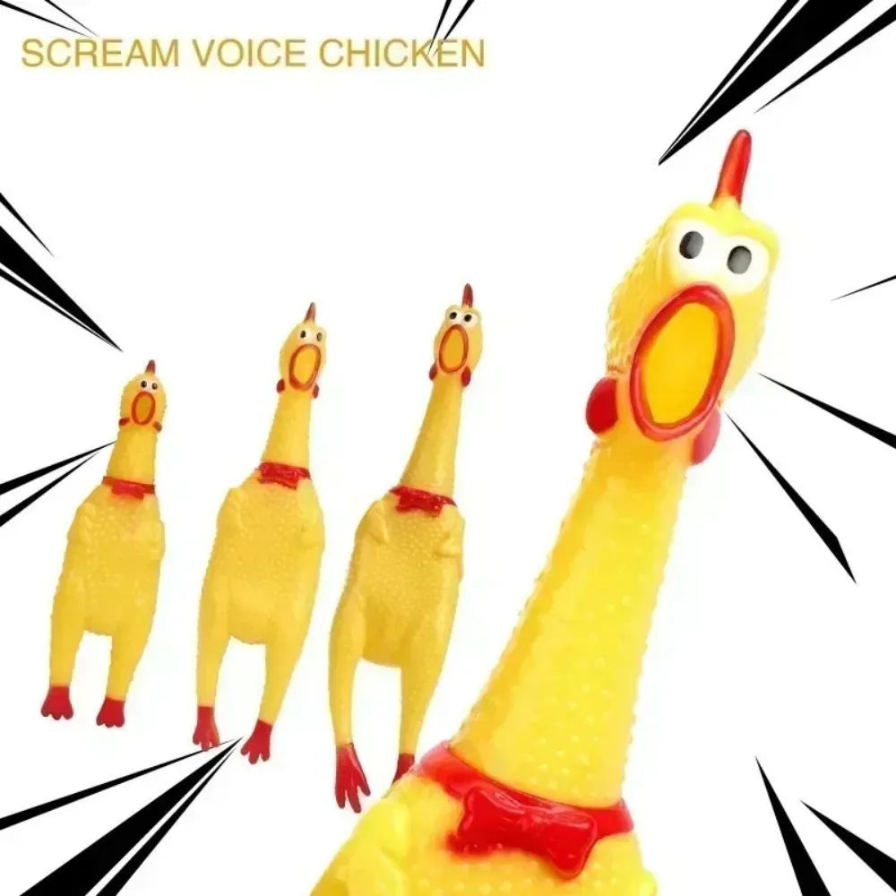 Yellow rubber screaming chicken dog squeaky toy shown in three different sizes