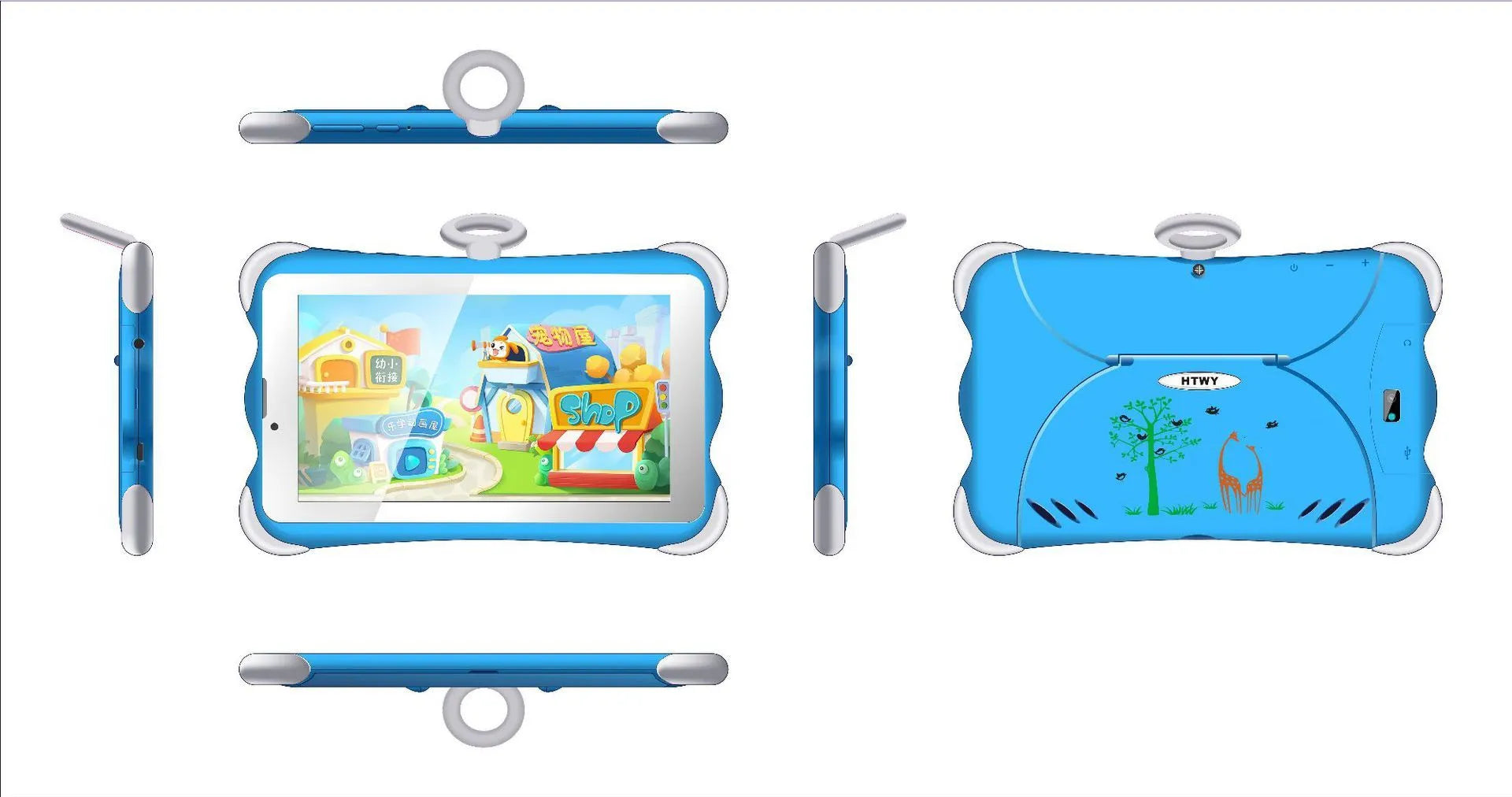 7-inch children's learning tablet in cartoon colours with included stand showing 3G calling capability