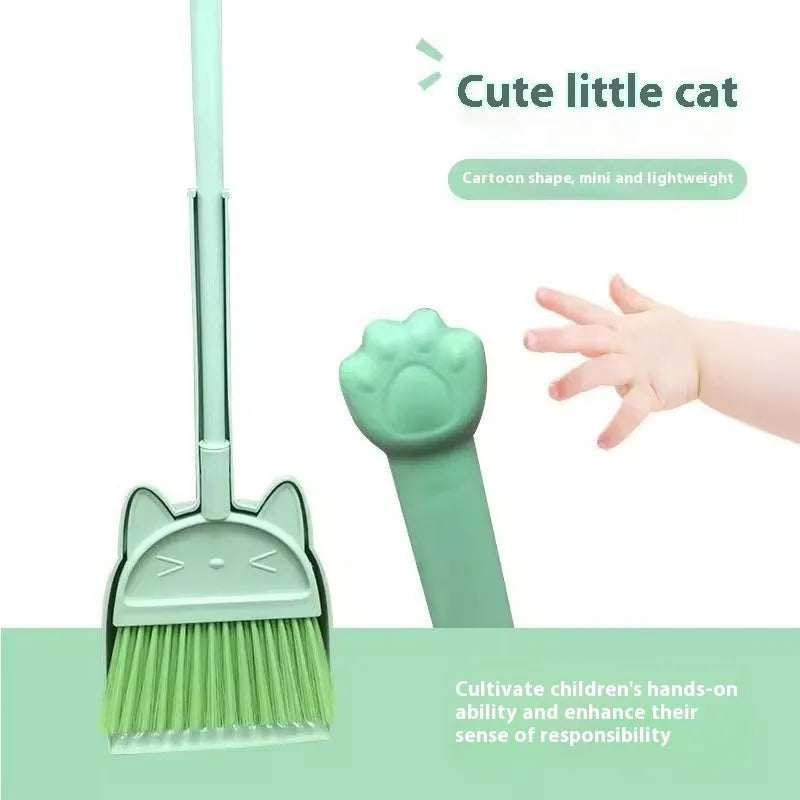 Purple plastic broom and dustpan set showing broom stored upright in the dustpan's handle holder.