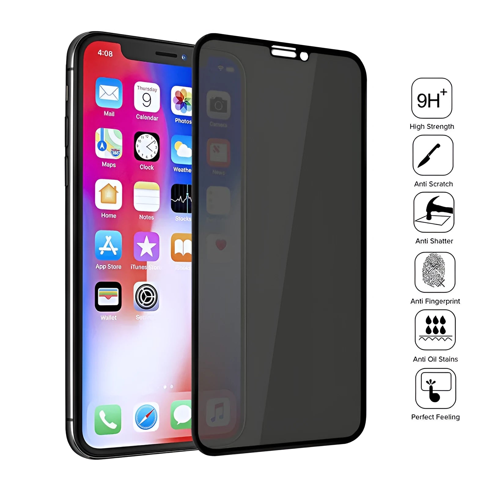 Black anti-peeping tempered glass screen protector for various iPhone models.
