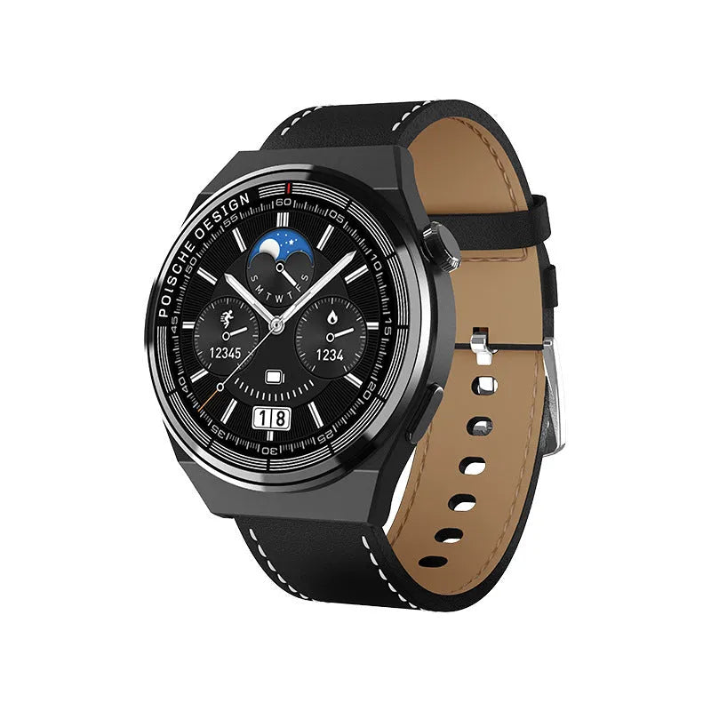 Black smartwatch with circular 1.39-inch screen on a silicone strap, showing call and payment functions.