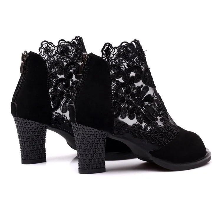 Women's black lace gladiator sandals with square high heel and peep toe design